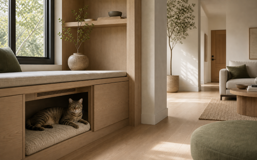 Cat resting in a protected architectural niche with clear access.