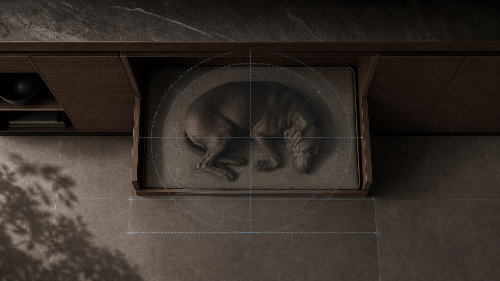 Overhead view of a curled dog inside a recessed resting suite, overlaid with a circular turning envelope and clearance lines.