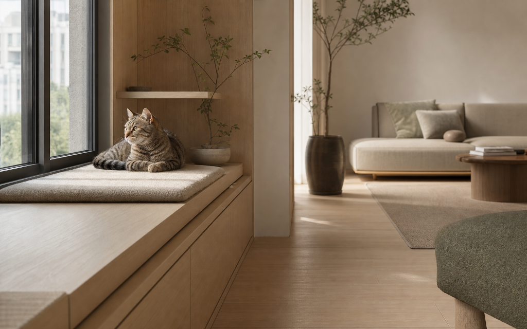 Cat resting in a protected window-side spot with gentle light and a clear exit route.