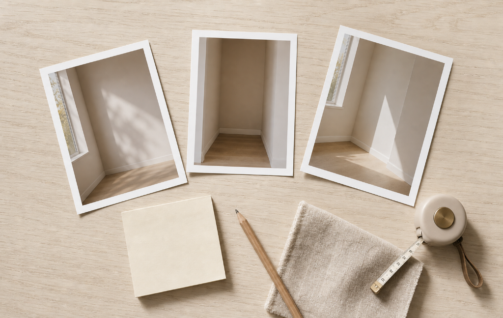 Polaroid photographs of empty room corners on a light wooden table beside a notepad, pencil, fabric swatch, and tape measure.