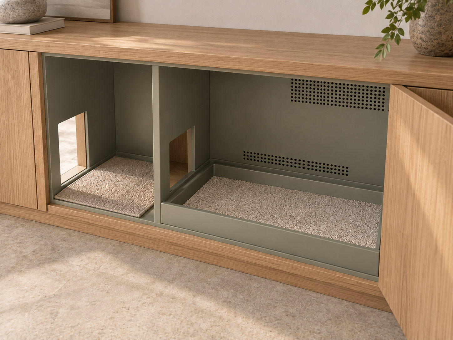 A built-in oak litter cabinet with its front access panel open: a narrow vestibule chamber on the left with a removable textured mat and a rectangular cat portal in the end panel, an internal opening in the divider, and the litter tray set into a recessed floor pan in the compartment beyond, with low and high perforated ventilation panels.