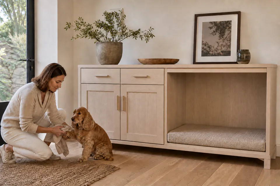 Woman drying a cocker spaniel’s paws beside a wide freestanding light wood-finish cabinet with a generously sized resting bay.