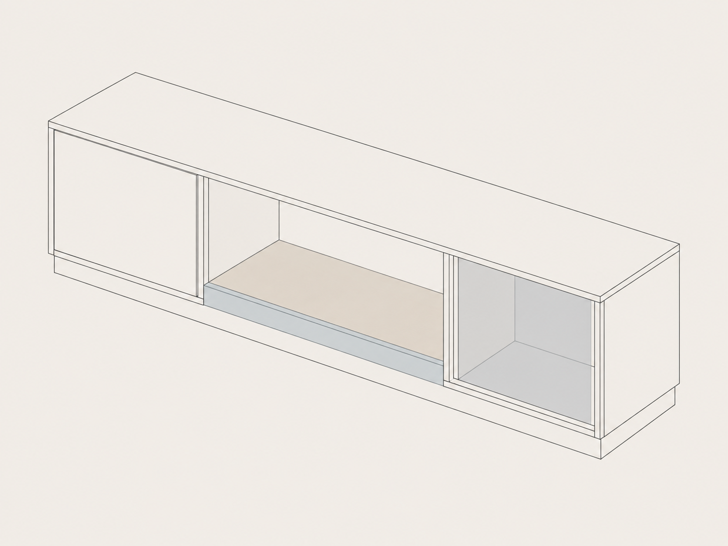 Line drawing of a low cabinet run showing the three contact zones: the resting surface inside the open recess, the front edge of the opening, and the interior of an enclosed compartment.