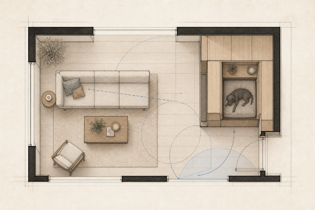Architectural plan-style diagram showing movement clearance and sightlines around an open dog resting alcove.