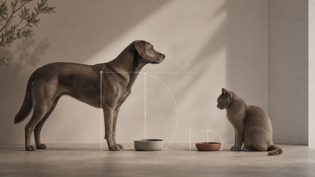 Minimal measurement concept showing how dog and cat body geometry relates to bowl width, height, and depth.