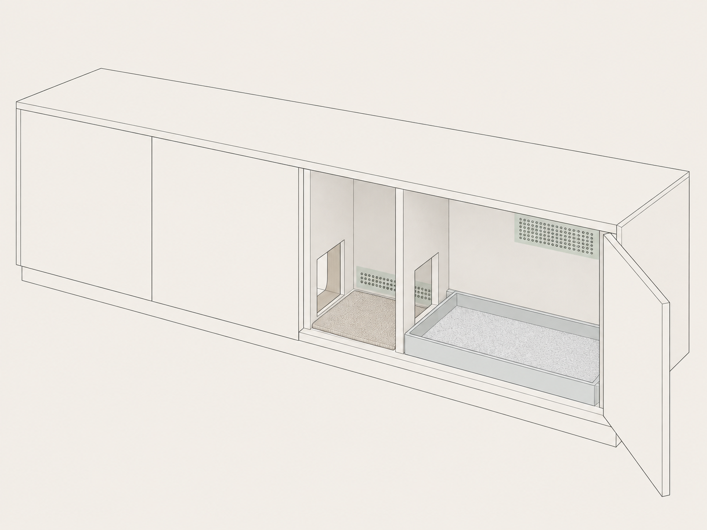 Line-drawing cutaway of a low cabinet run showing the enclosed litter zone: a cat portal in the end panel, a vestibule chamber, an offset internal opening through the divider, the recessed litter tray beyond, a hinged front access panel, and low intake and high outlet ventilation panels.