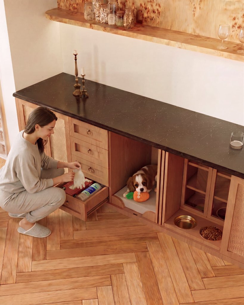 Small dog resting inside a fitted timber niche while a nearby care drawer is open.