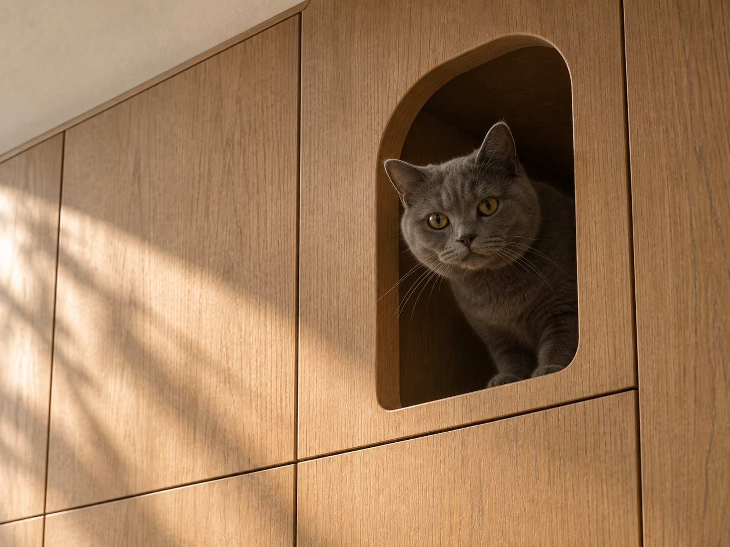 A cat-sized rounded portal cut into a flush oak cabinet panel, with a grey shorthair cat looking out from the compartment behind it