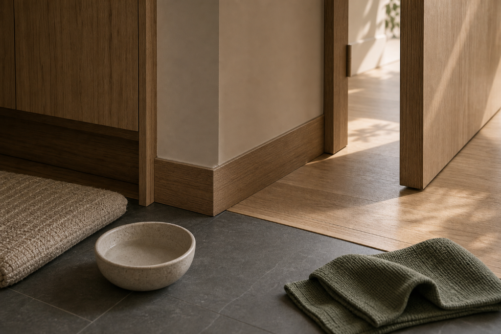 A ceramic bowl, woven mat, and folded textile near an architectural threshold — materials that meet the room rather than interrupt it.