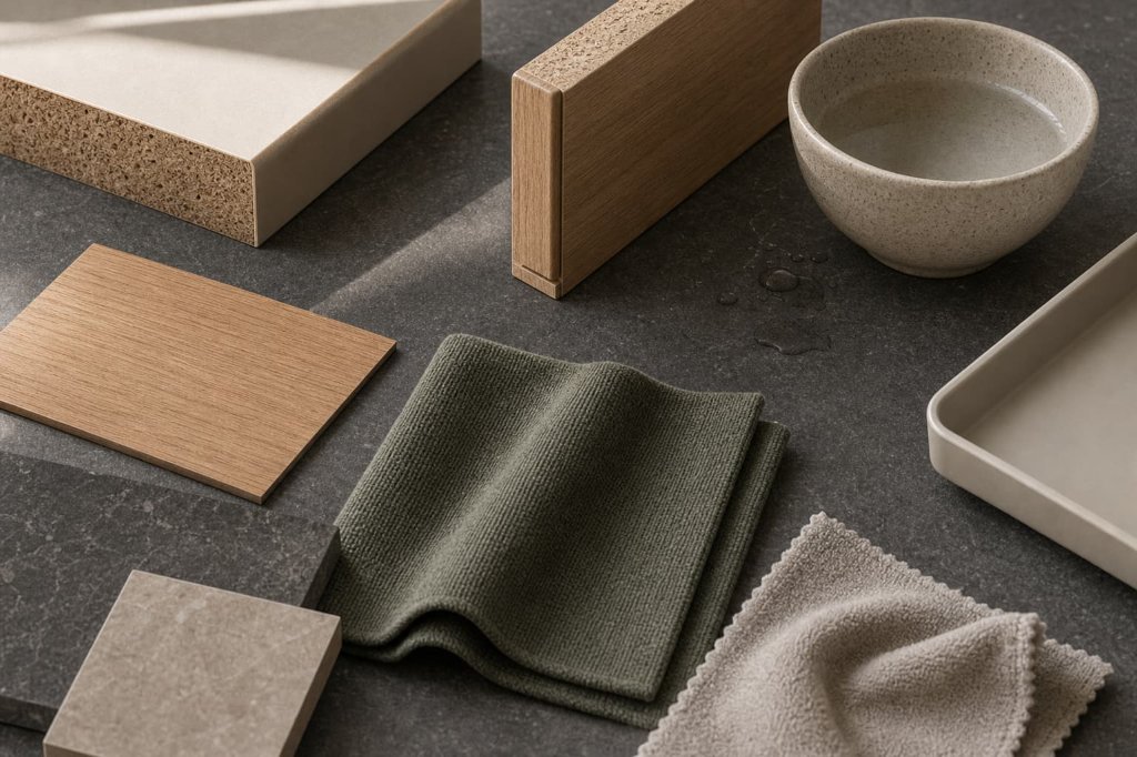 Engineered wood core, veneer, sealed edge sample, washable textile, ceramic bowl, water marks, cleaning cloth, and removable tray on a studio surface.