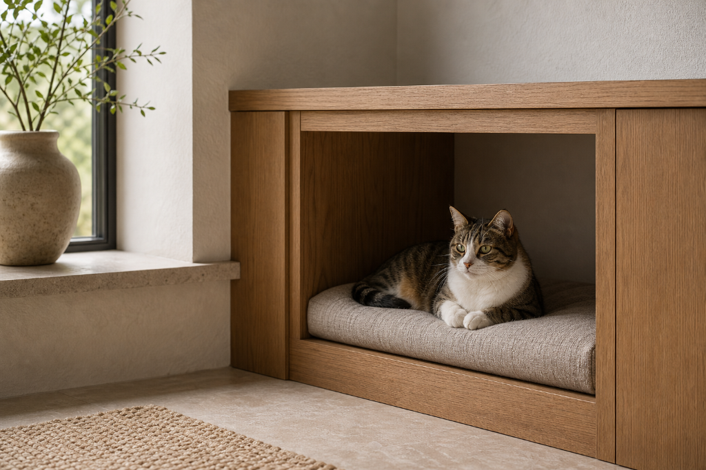 A cat resting inside an open-front built-in oak alcove with a linen cushion.