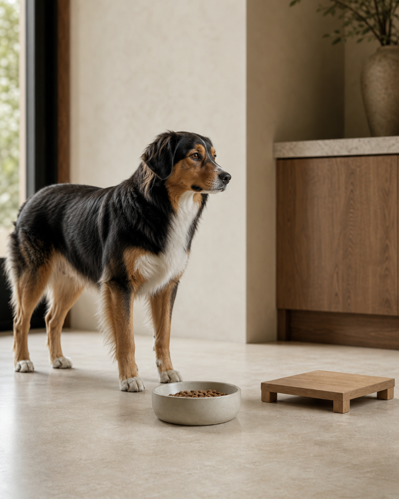 Dog feeding from a low floor-level bowl with a separate low platform reference nearby.