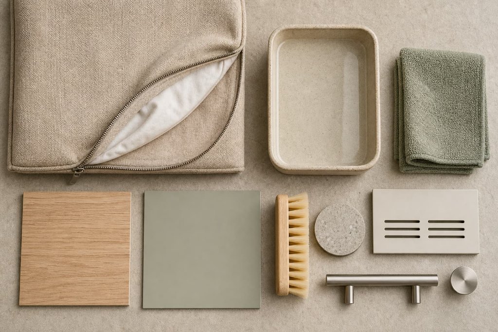 Flat lay of removable cushion cover, water tray, wipeable panel, wood sample, brush, cloth, and ventilation panel for pet furniture specification.