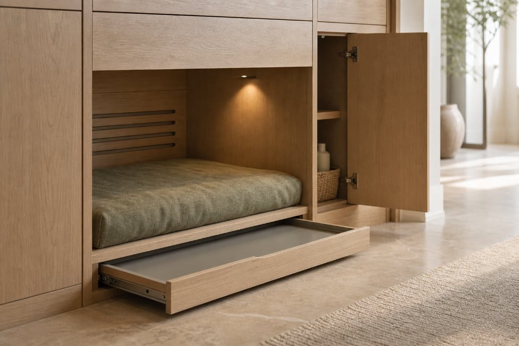 Built-in pet alcove with removable cushion, pull-out tray, ventilation slots, and open service access in pale wood joinery.