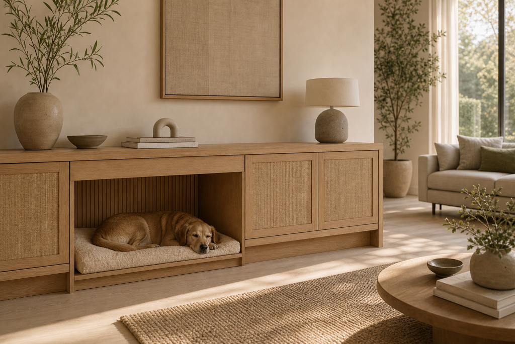 Pet space designed as part of the room rather than a disconnected object.