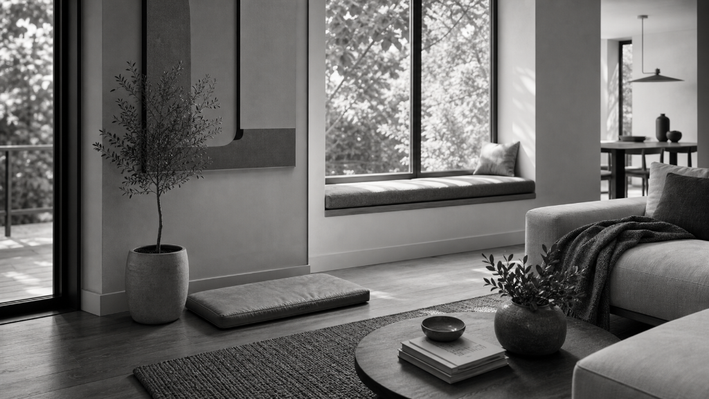 Black-and-white residential interior showing a low pet rest mat, a broad window bench, and clear circulation paths.