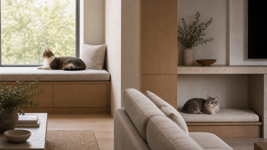 Two indoor cats resting in separate zones of a refined living room, with one cat elevated and another in a lower resting area.