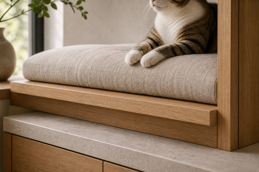 Close-up of a relaxed cat resting on a linen cushion integrated into oak residential millwork.