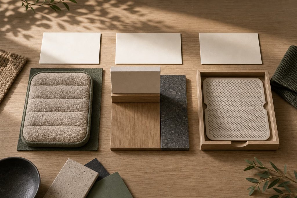 Three blank decision zones on a studio table showing a loose textile mat sample, a joinery material block, and a removable insert tray.