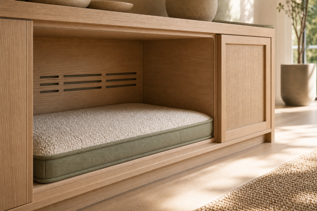 Durable pet architecture materials with removable textile and cleanable wood detail.