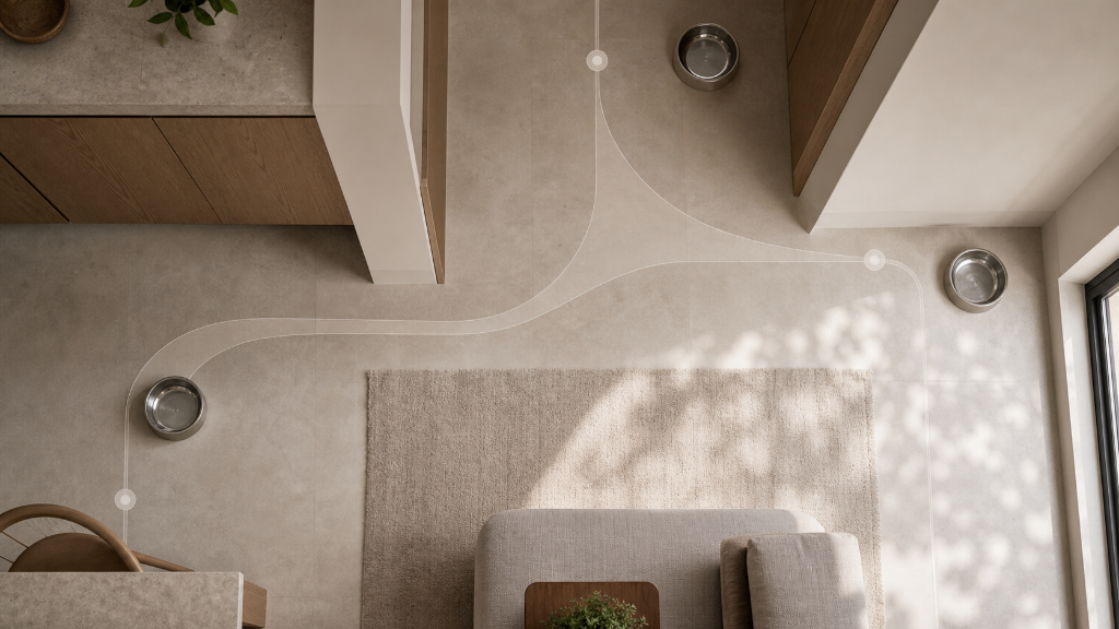 Top-down residential layout showing multiple separated pet water stations in a calm interior.