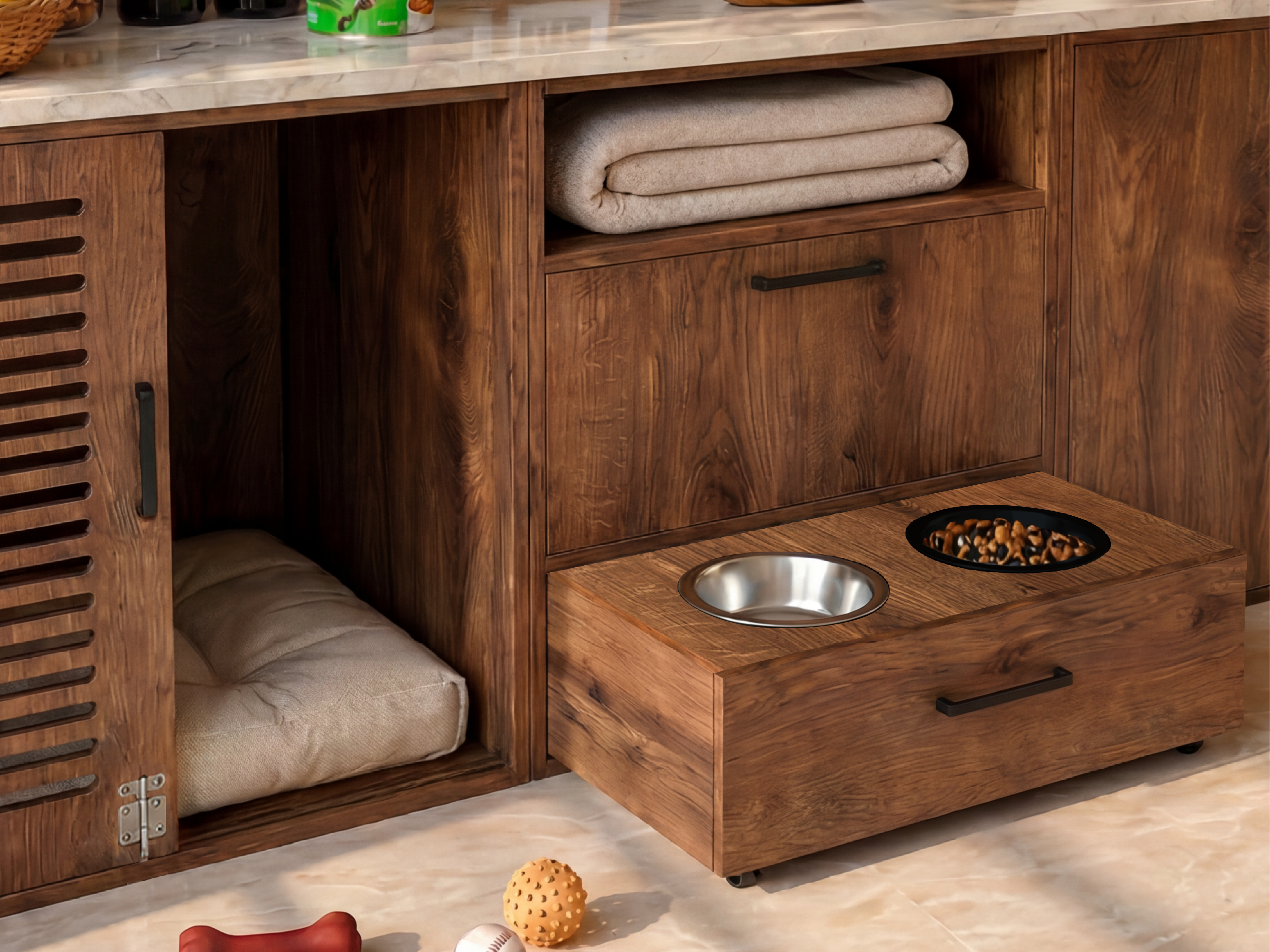 HĀM concept study of walnut-toned cabinetry combining an open resting niche, ventilated door, storage and a pull-out feeding drawer.
