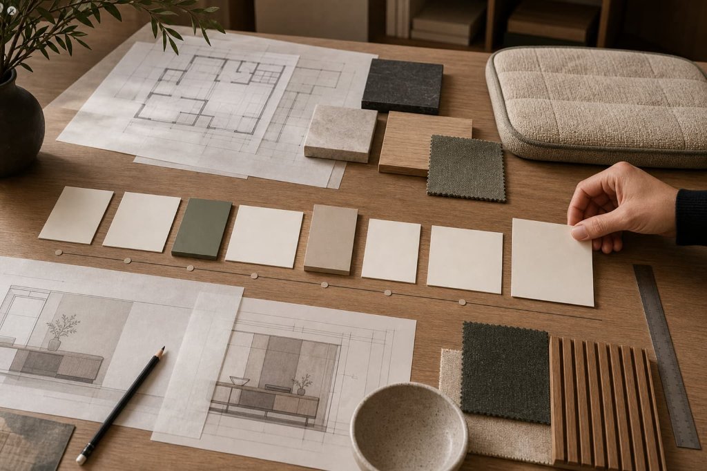 A design studio table with floor plans, trace paper, blank stage cards, material samples, and a hand adjusting the sequence.