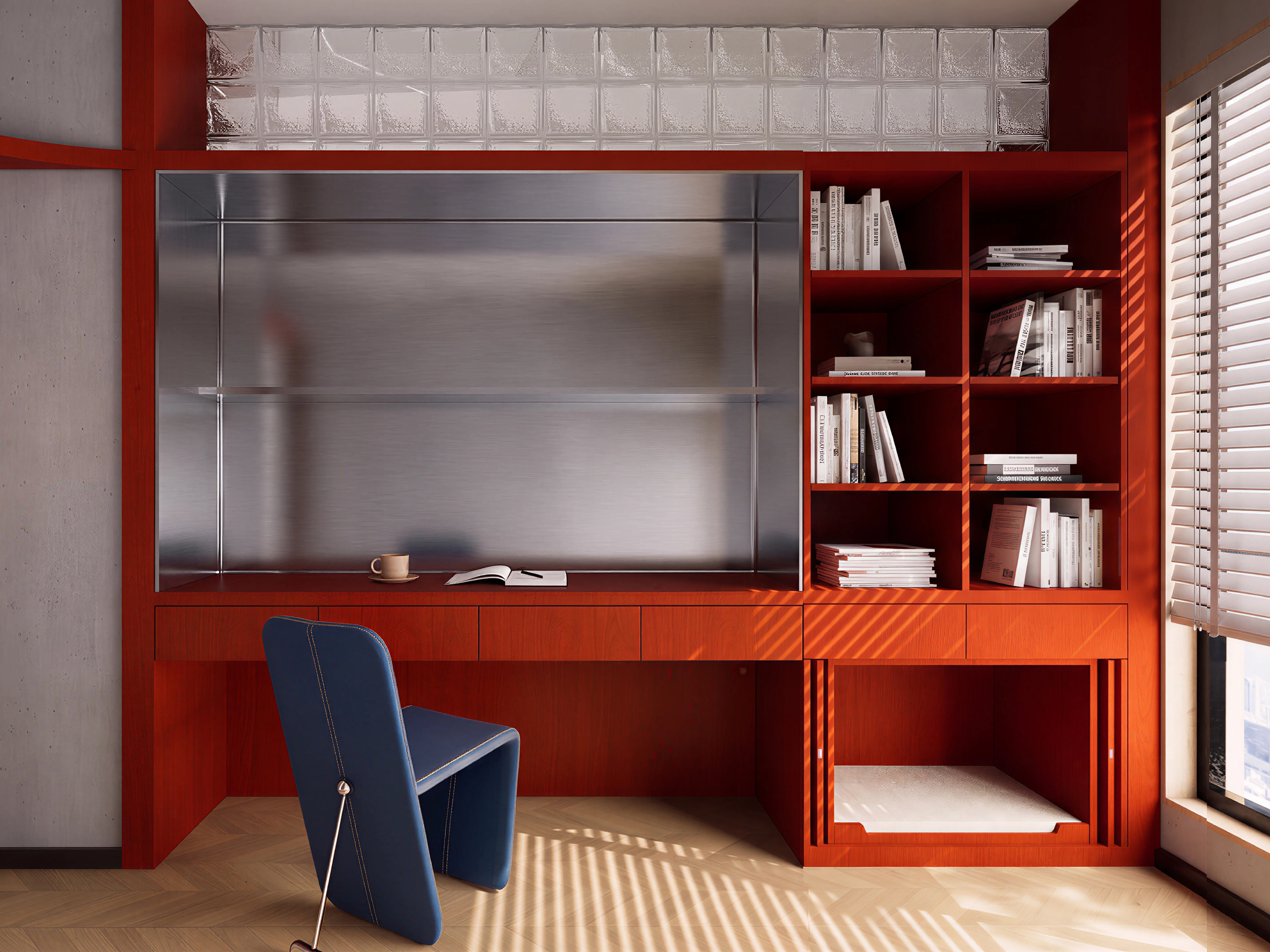 The Vermilion Study Wall — bespoke workstation pet architecture by HĀM Studio