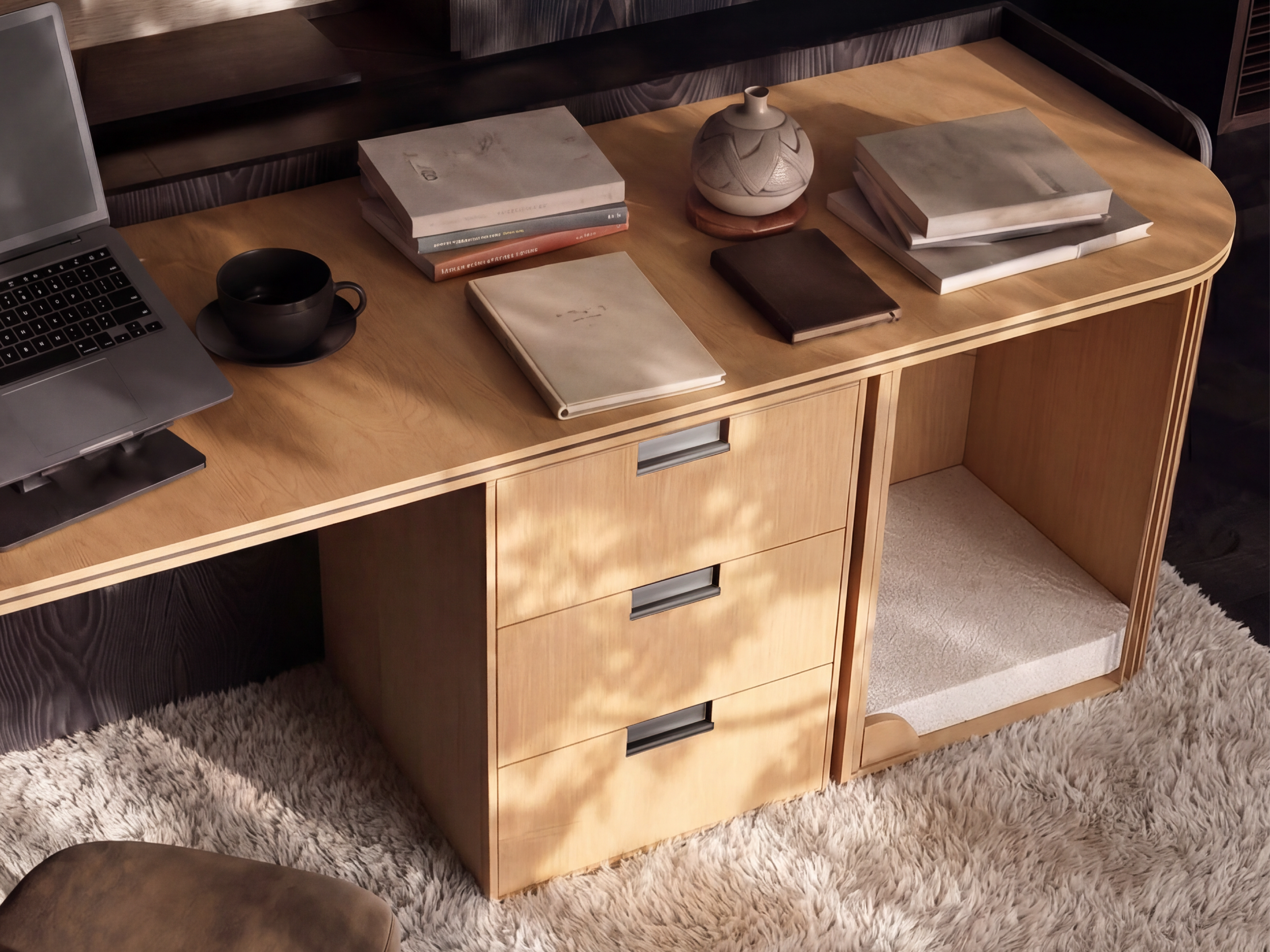 HĀM concept study detail of a timber workspace with drawers and an open companion resting niche.