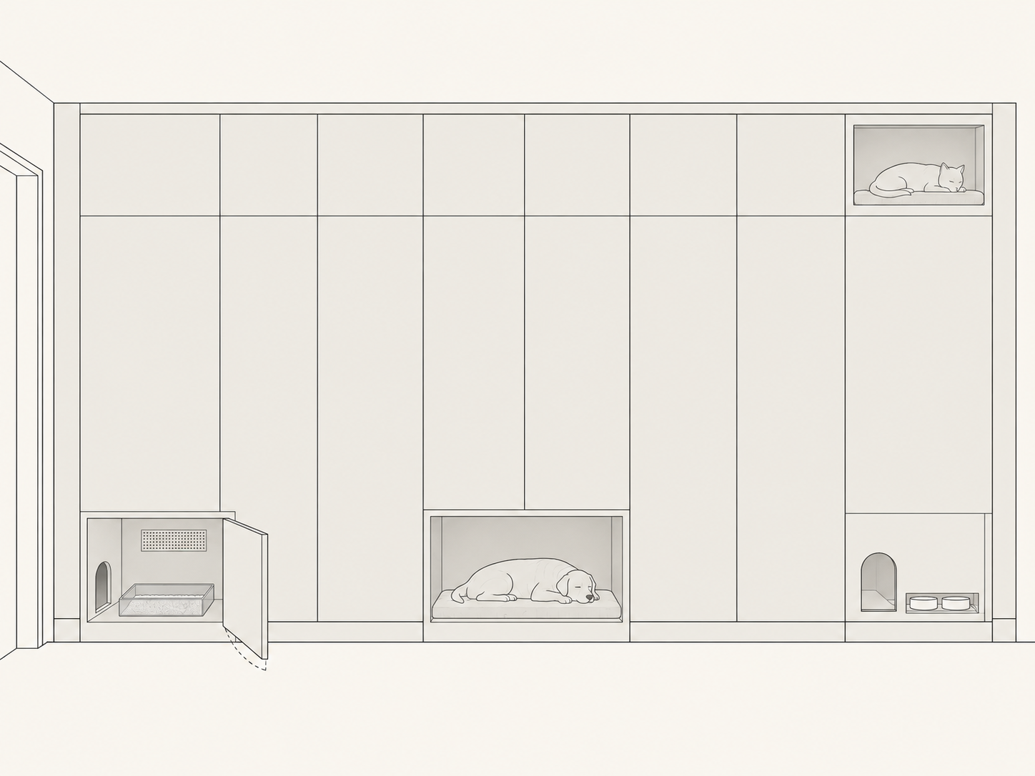 Orthographic elevation of one joinery wall showing an enclosed litter compartment at one end, a recessed dog alcove at the centre, an enclosed cat feeding compartment at the far end and a raised cat refuge above it