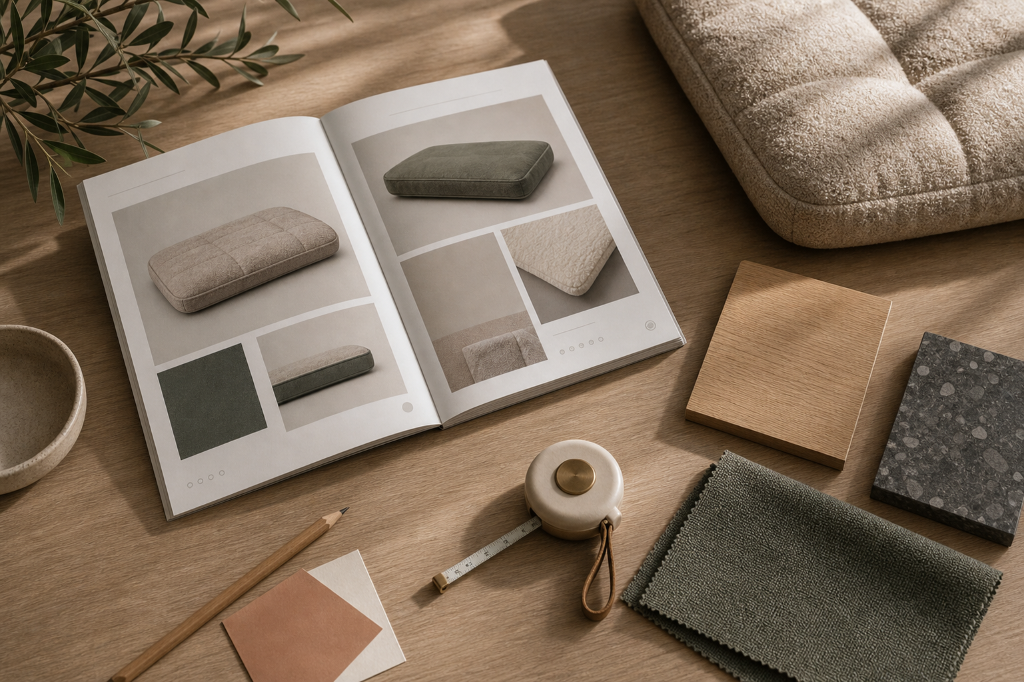 Pet furniture catalogue and material swatches on a warm oak surface alongside a tape measure, pencil, and fabric samples.