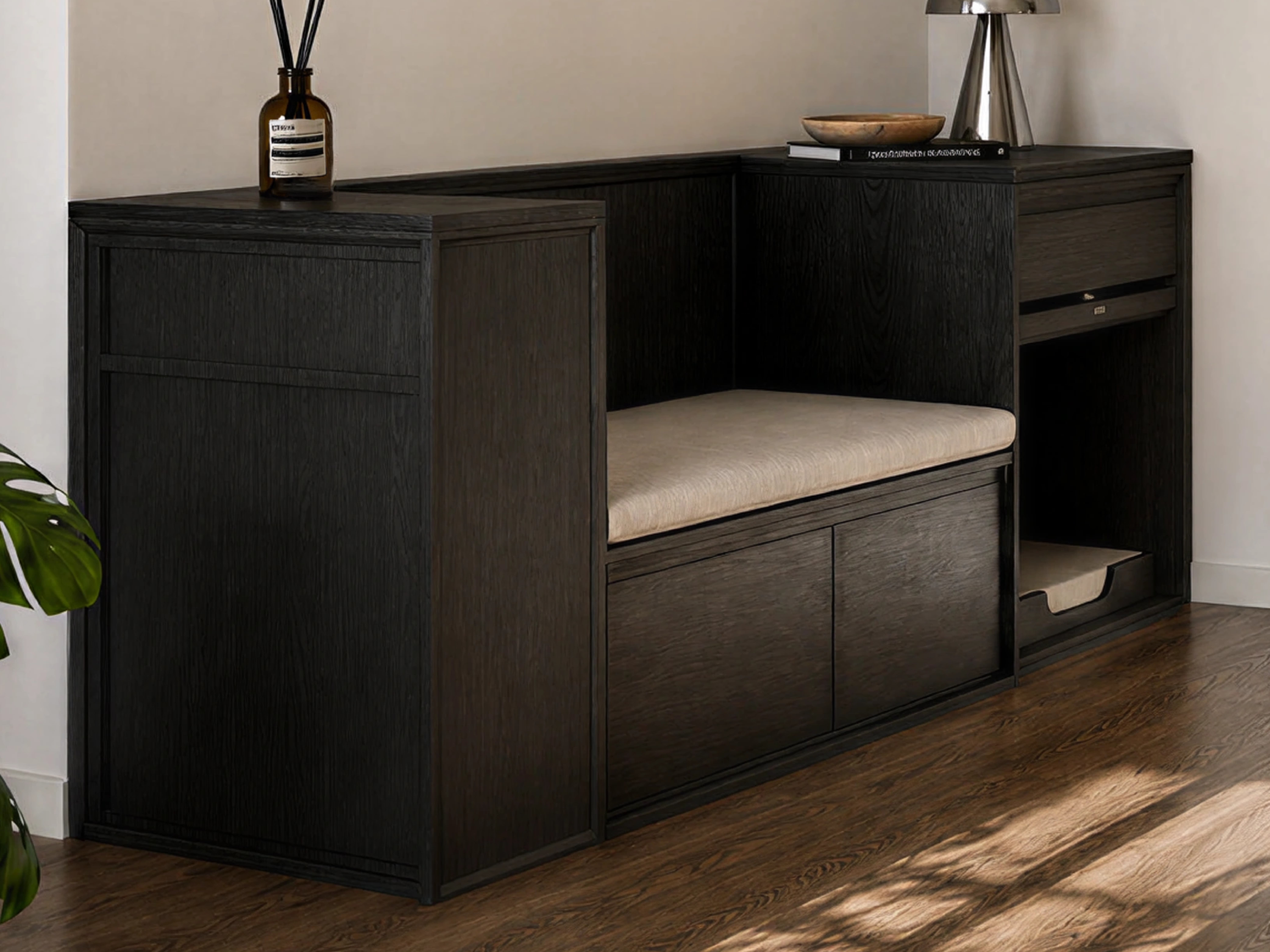 The Blackened Oak Entry Bench gallery image 2 — HĀM Studio bespoke pet architecture