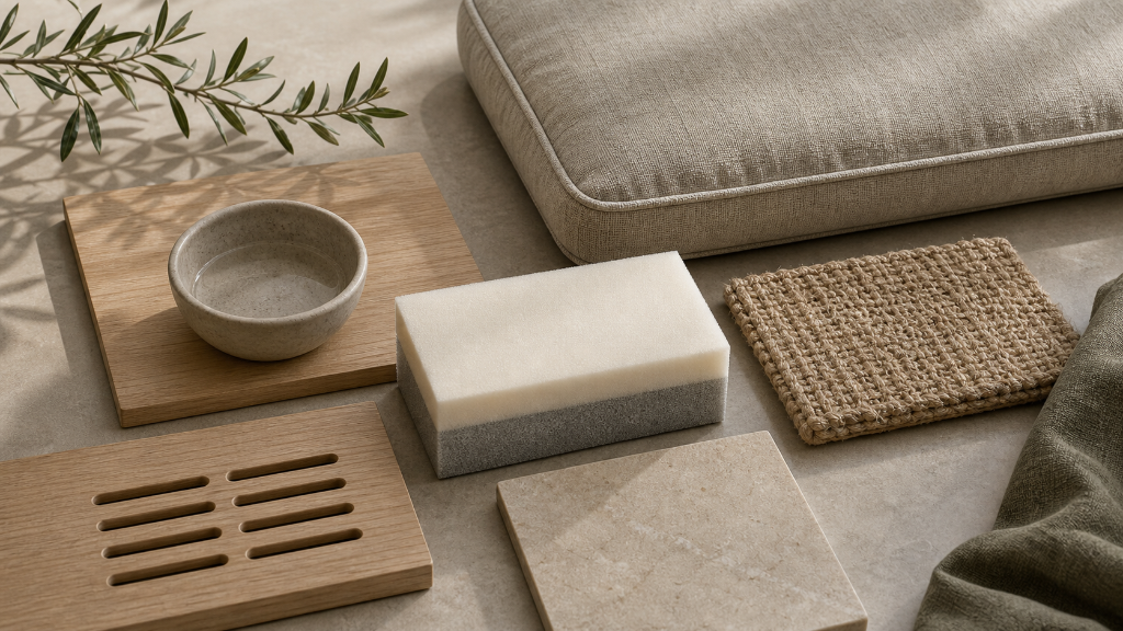 Editorial still life of washable fabric, support foam, oak ventilation detail, ceramic bowl, scratch texture, and stone surface.