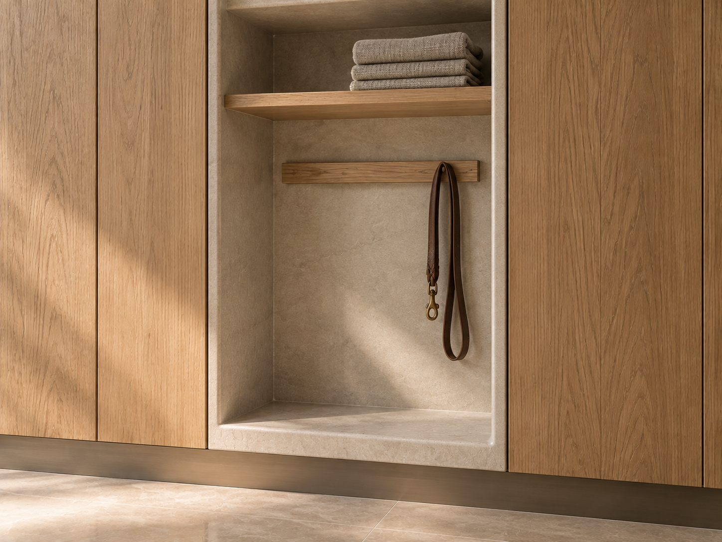 Detail of the stone-lined care bay: radiused limestone lining, a bench seat, folded linen towels on an oak shelf and a leather leash hanging from a slim oak rail, with a continuous recessed bronze plinth below