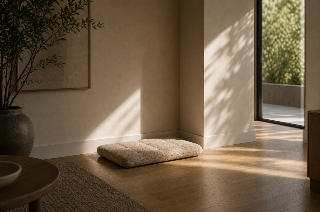 A textured beige mat resting beside a wall corner in a refined domestic room with warm light and a garden view.