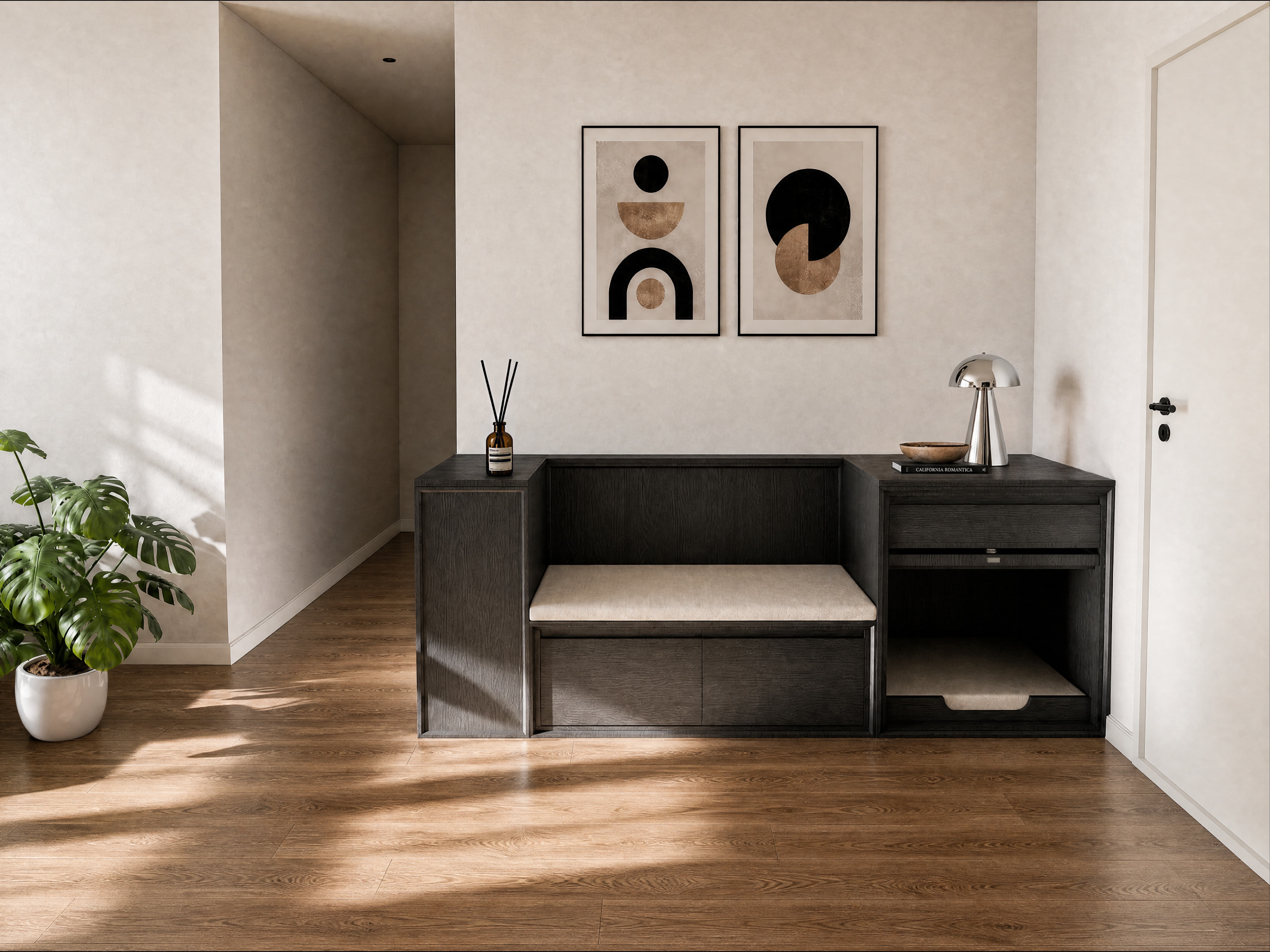 The Blackened Oak Entry Bench — bespoke suite pet architecture by HĀM Studio