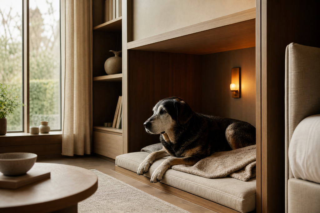 An older dog resting in a low open companion suite beside a quiet residential room.