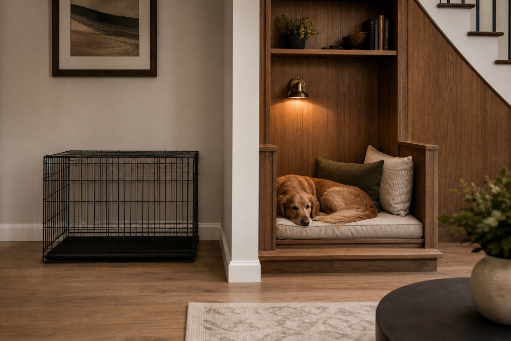 A conventional dog crate contrasted with an open built-in dog refuge inside a refined home interior.