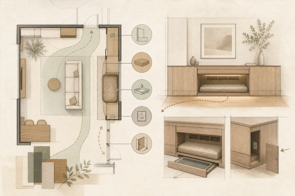Architectural plan and elevation illustration showing pet-space circulation, joinery, removable tray, access, and coordination zones.