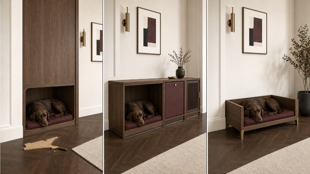 Comparison of a fixed built-in dog-bed cabinet, coordinated modular dog-bed furniture with visible divisions, and a conventional freestanding dog bed.