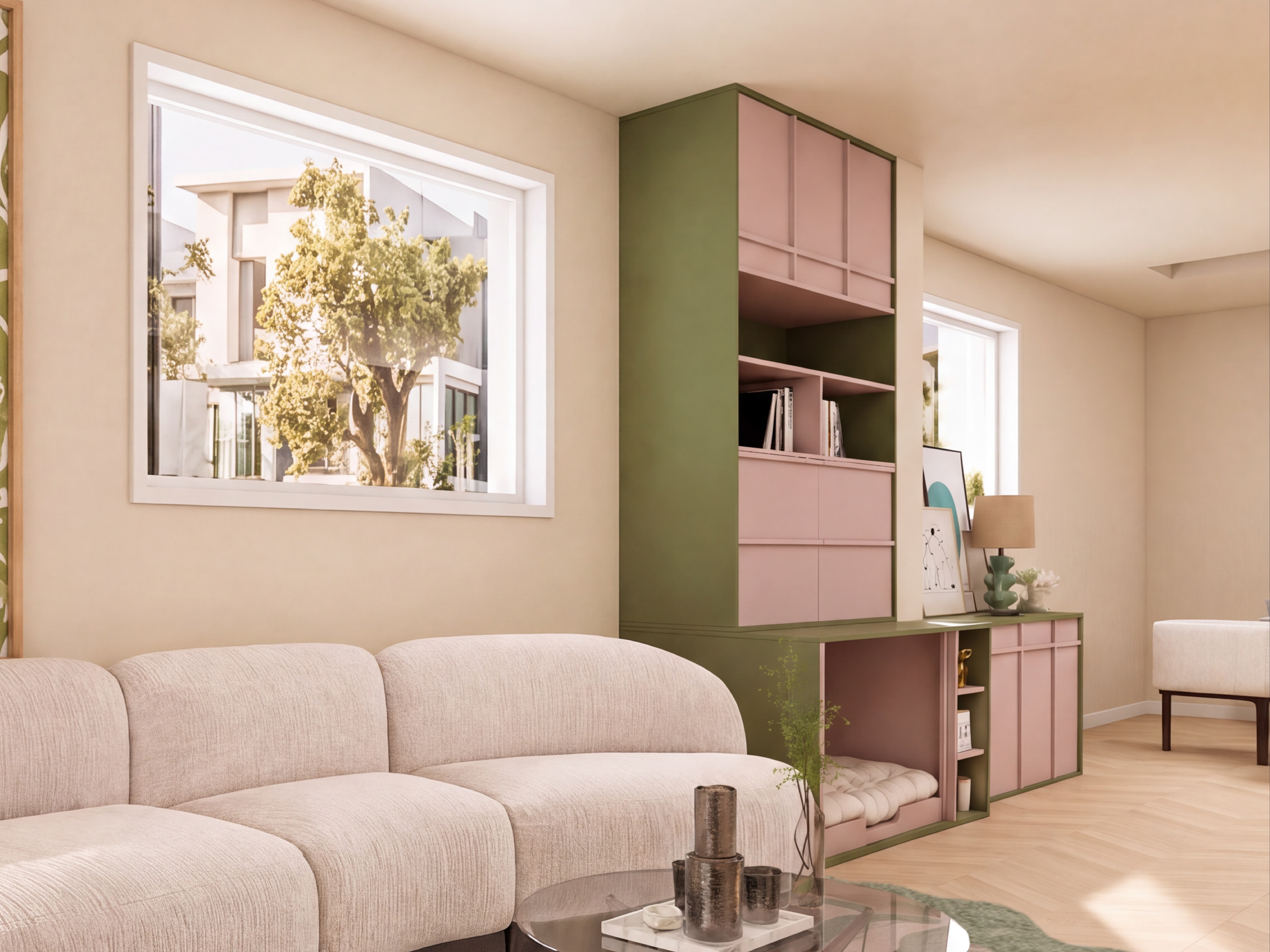 The Olive And Blush Living Wall gallery image 1 — HĀM Studio bespoke pet architecture