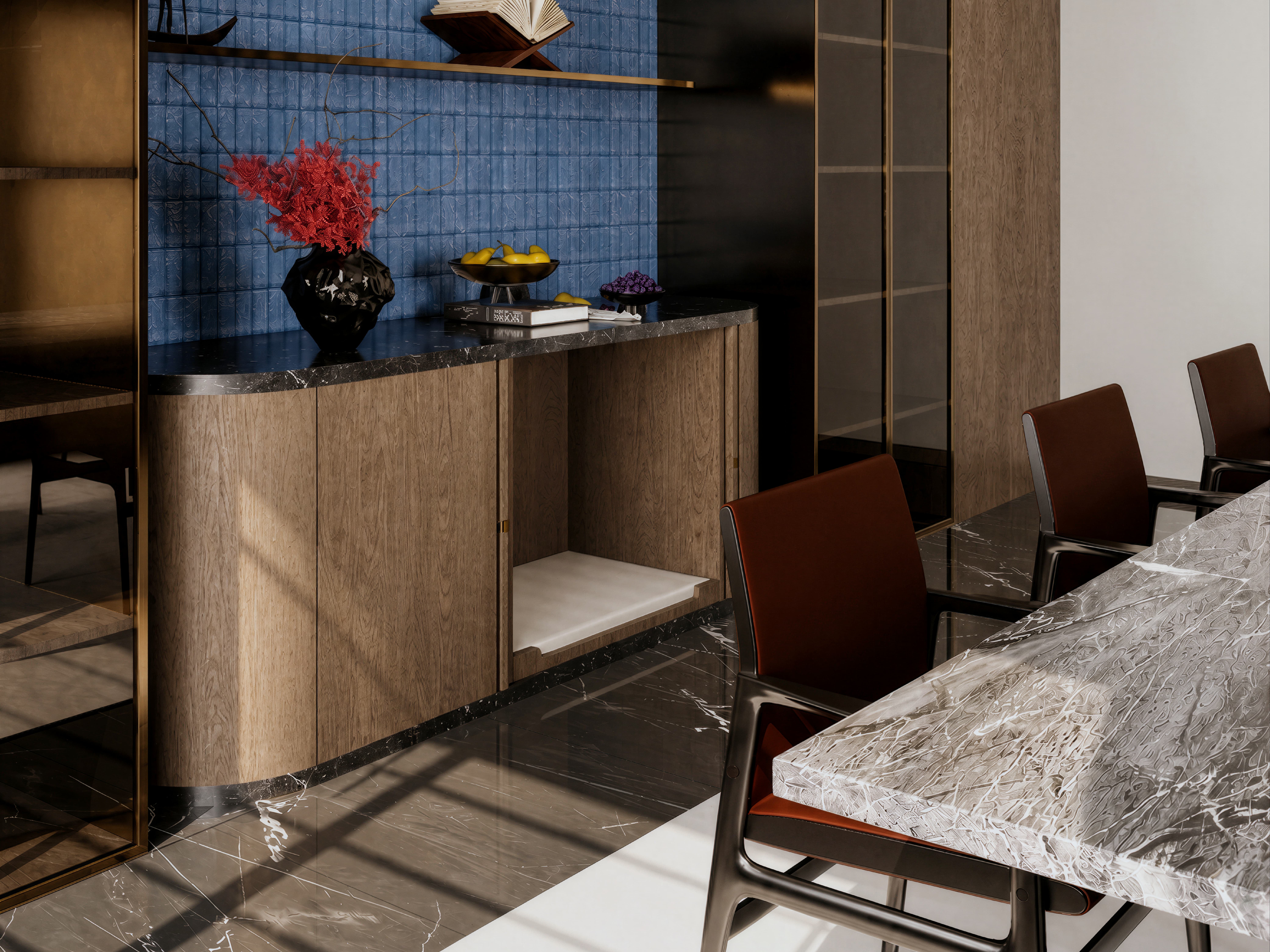 The Curved Walnut Dining Credenza gallery image 1 — HĀM Studio bespoke pet architecture