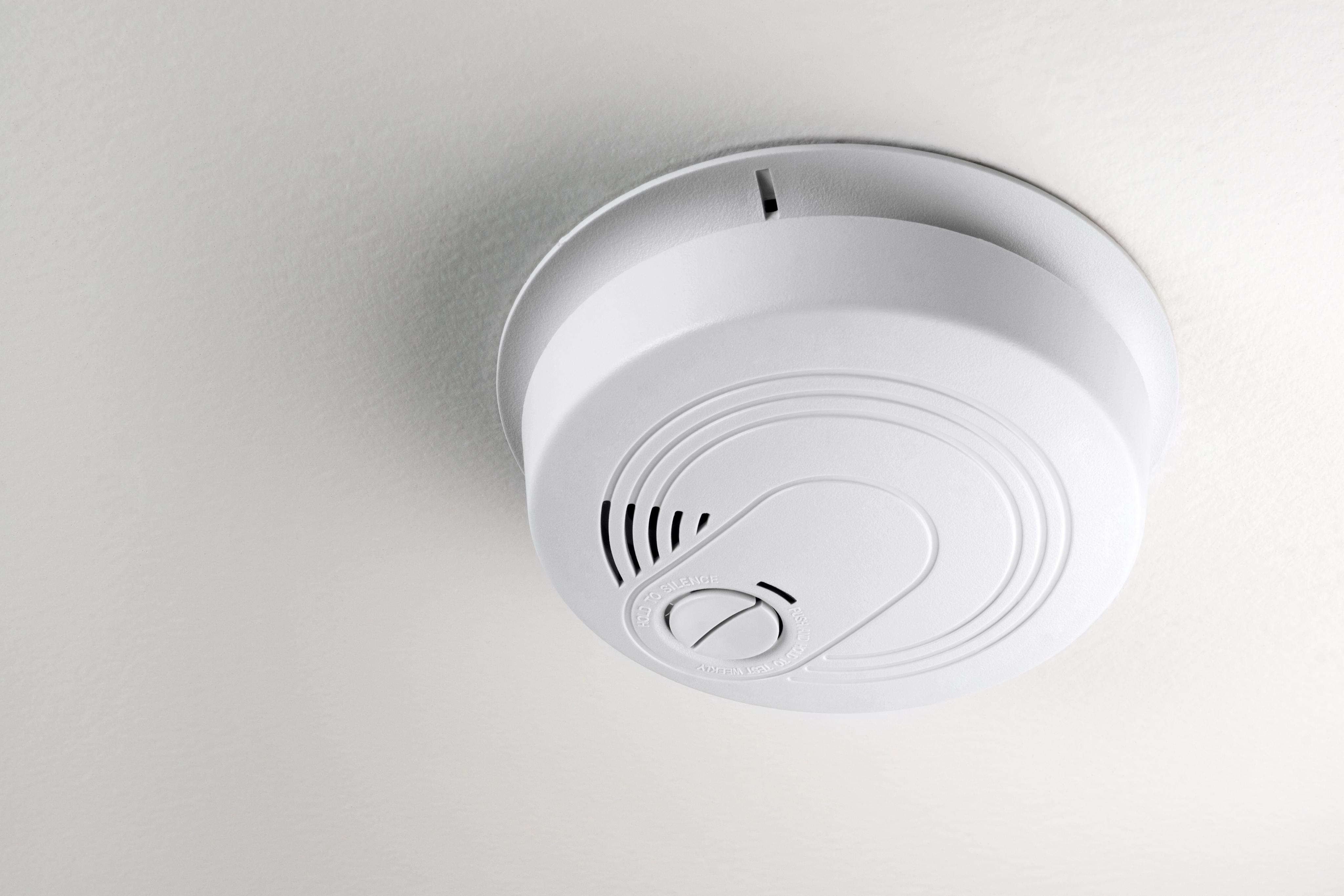 Close-up of a white circular smoke alarm mounted on a ceiling