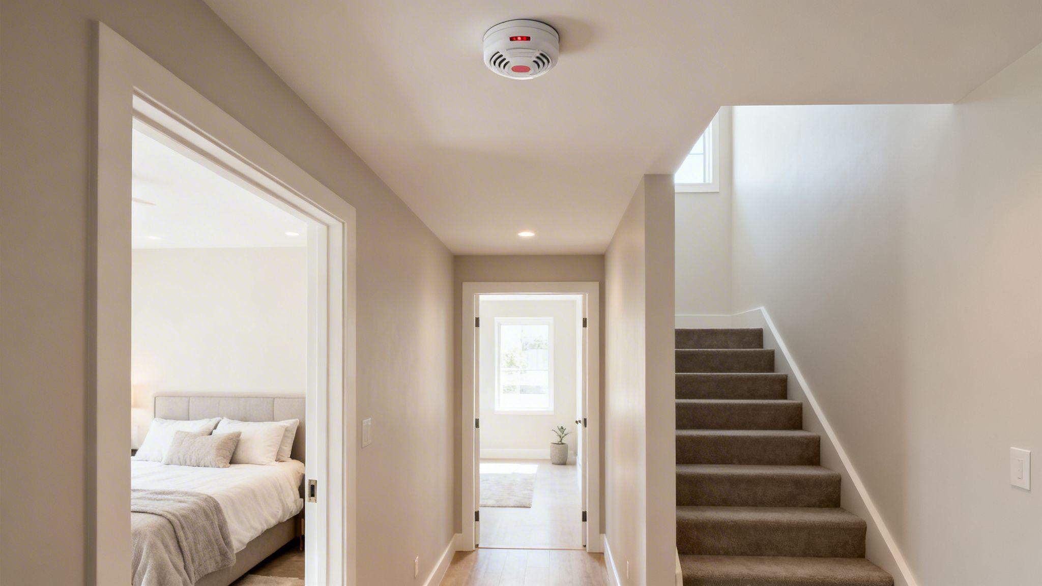 A residential hallway with a smoke alarm correctly installed on the ceiling