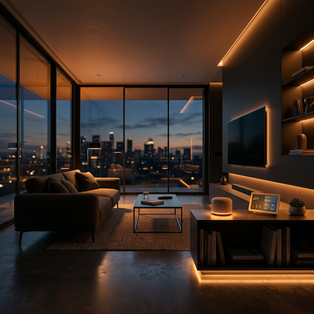 Home office with warm ambient light