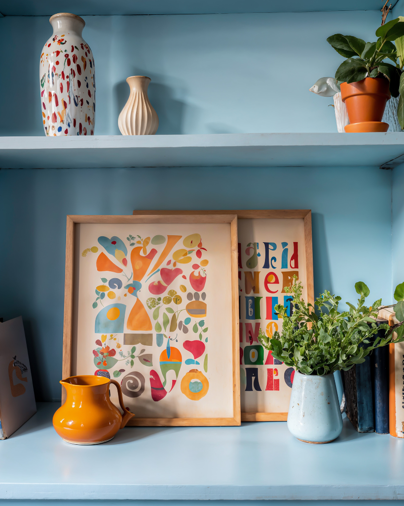 Shelf detail — ceramics, prints and plants against a powder blue background