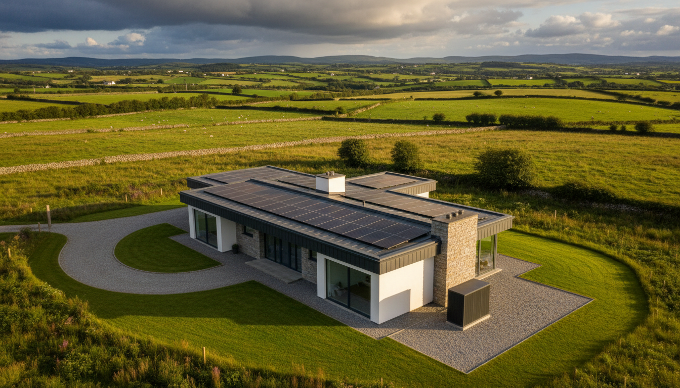 Modern Irish home with solar panels and heat pump