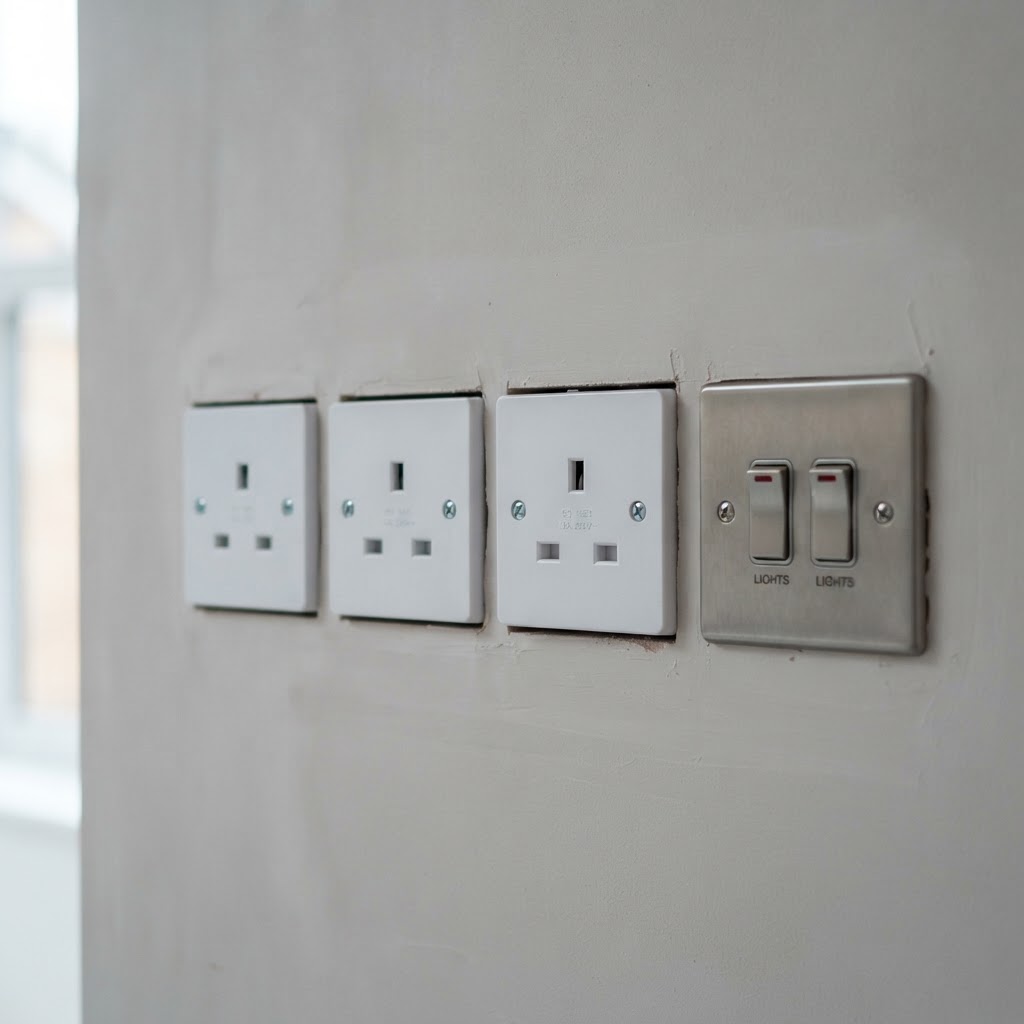 New UK 3-pin sockets and switches on a freshly plastered wall