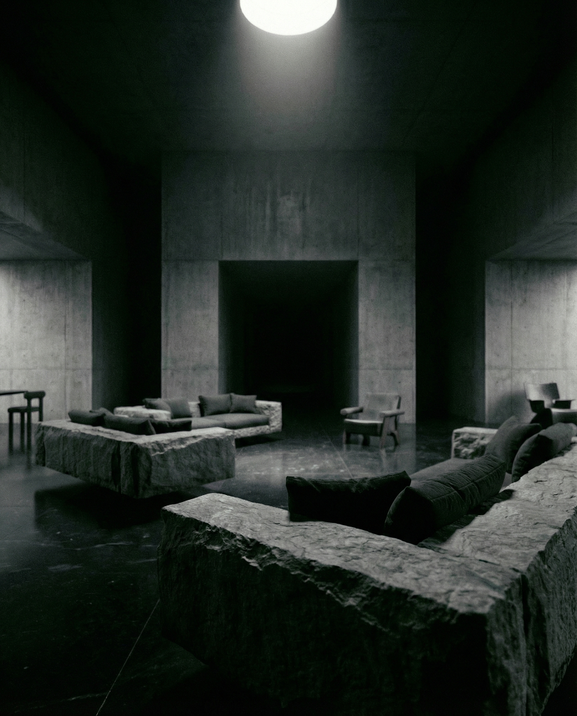 Brutalist Living Room — Raw Stone Sofas