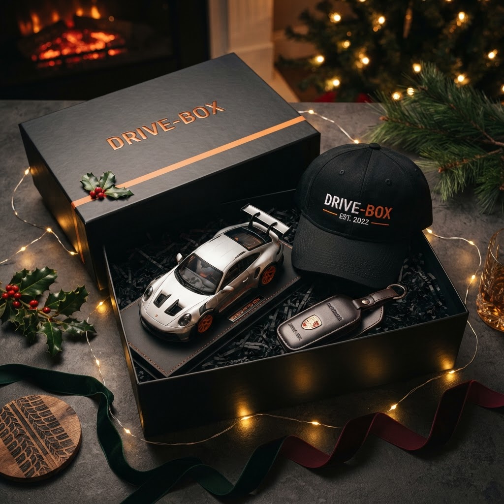 Drive-Box Christmas 2026 gift — official Porsche mystery subscription box under festive lights, the perfect gift for car enthusiasts